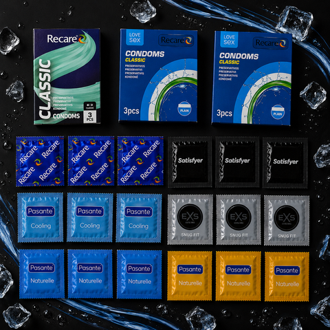 Набір 24 шт Warm Texture Session (EXS Delay &mdash; 1 шт; EXS Ribbed &mdash; 1 шт; EXS Snug Fit &mdash; 1 шт; Pasante Cooling &mdash; охолоджуючий ефект &mdash; 1 шт; Pasante Warming &mdash; розігріваючий ефект, ребристі &mdash; 1 шт; Pasante Sensitive Feel &mdash; 1 шт; Satisfyer Premium Condoms 45 мм NO8028 фото