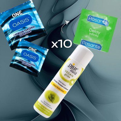 Комплект Pasante Delay Infinity 10 шт., pjur MED Vegan glide 100 мл, ONE Oasis 3 г 2 шт. NO6748 фото