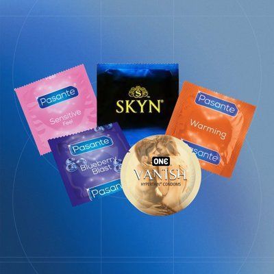 Power Combo 33: ONE Vanish Hyperthin - 1 шт, Pasante Taste Blueberry - 13 шт, Pasante Ultra Sensitive Touch - 7 шт, Pasante Warming - 11 шт, Skyn Extra Lubricated - 1 шт NO7169 фото