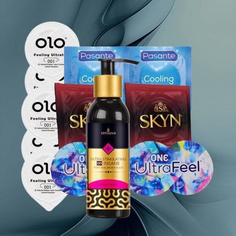 Набір "Запальна хвиля" (ONE Ultra Feel, SKYN Intense Feel, OLO Feeling Ultrathin, Pasante Cooling, Sensuva - Ultra-Stimulating On Insane) 21 шт NO6240 фото