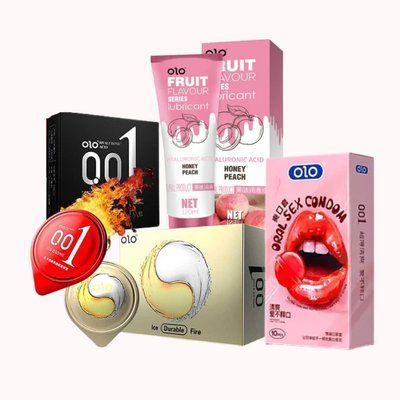 OLO &ndash; 40 шт (Red, Gold, Ultrathin Oral Strawberry, Black Ultrathin) + Лубрикант Персик 120 мл NO6967 фото
