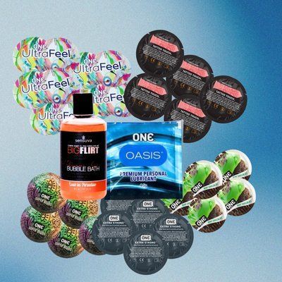 Комплект ONE Ultra Feel &ndash; 5 шт., ONE FlavorWaves - Шоколад та м'ята &ndash; 5 шт., ONE Tattoo Touch Red &ndash; 5 шт., ONE Super Studs &ndash; 5 шт., ONE Extra Strong &ndash; 5 шт., ONE Oasis 3 г &ndash; 5 шт., Sensuva - Big Flirt Pheromone Bubble Bath - Lust in Paradise (237 мл), 2 NO6437 фото