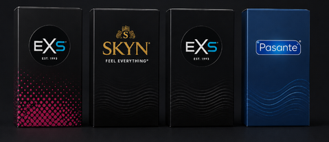 Набір "Balance" (Skyn Intense Feel безлатексні з ребристою поверхнею &ndash; 3 шт., EXS Strawberry Flavoured ароматизовані зі смаком полуниці &ndash; 3 шт., Skyn Extra Lubricated з підвищеною кількістю лубриканта &ndash; 3 шт., Pasante Ultra Sensitive Touch ультратонкі &ndash; 3 NO7751 фото